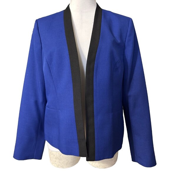 Kasper Suit Jacket Blazer 12 Blue Black Trim Open Front Classic Career Polyester - Picture 1 of 10